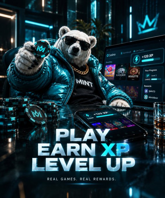 Advertisement for MINT showing a bear in sunglasses and a teal jacket holding a coin, with text 'PLAY EARN XP LEVEL UP' and 'REAL GAMES. REAL REWARDS.'