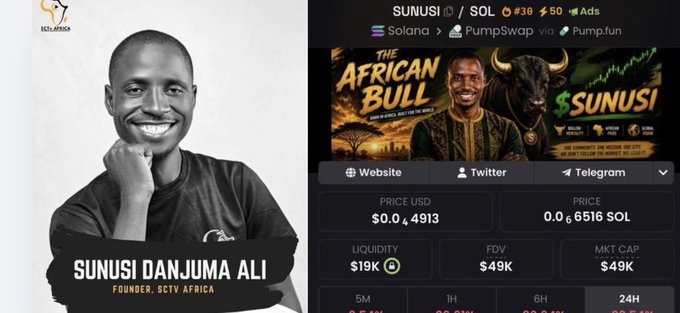 A promotional image for the $SUNUSI token showing founder Sunusi Danjuma Ali (SCTV Africa) on the left, with token details on the right showing price at $0.04913 USD / 0.06516 SOL, $19K liquidity, $49K FDV, and $49K market cap, referencing Pump.fun, PumpSwap, and Solana.