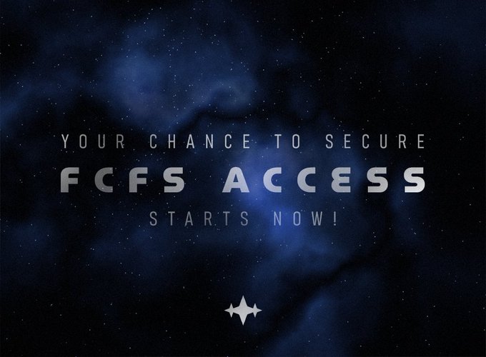 A dark, star-filled cosmic background with a glowing blue nebula displays the text “YOUR CHANCE TO SECURE FCFS ACCESS” and “STARTS NOW!” in spaced metallic lettering. It promotes the Ether Archive FCFS campaign from the accompanying post, inviting users to complete tasks for first-come, first-served archive access at etherarchive.xyz/wl.
