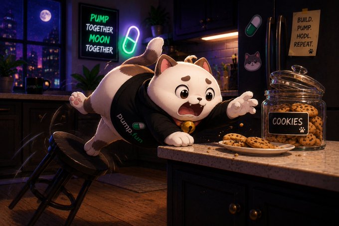A 3D-rendered cartoon cat wearing a 'PUMP. FUN' shirt leaps toward a plate of cookies next to a glass jar labeled 'COOKIES,' with a neon sign reading 'PUMP TOGETHER MOON TOGETHER' on the wall.