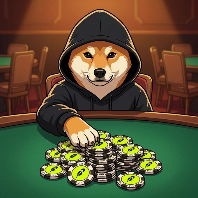 A Shiba Inu wearing a black hoodie sits confidently at a poker table, pushing a massive stack of "DOGE" branded chips forward in an all-in move—visually embodying the bold "all in. believe" sentiment.