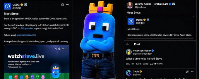 Social media posts from USDC and Jeremy Allaire (@jerallaire) introducing Steve, an AI agent with a USDC wallet powered by Circle Agent Stack, alongside an image of the blue character wearing a gold crown.