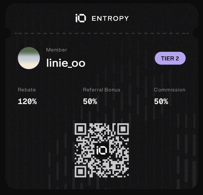An Entropy membership card for user 'linie_oo' showing Tier 2 status with 120% Rebate, 50% Referral Bonus, and 50% Commission, featuring a QR code at the bottom.