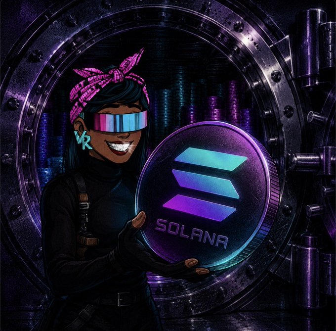 A stylized digital illustration of a woman wearing a VR headset and VR earring, holding a large Solana (SOL) coin, standing in front of a metallic vault door with a cyberpunk aesthetic.