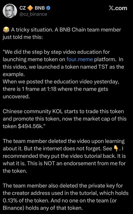 A tweet from CZ (Binance) explains that a BNB Chain team member inadvertently revealed the ticker "TST" during an educational video about launching meme tokens on four.meme, which Chinese KOLs then promoted to a $494.56k market cap, though CZ clarifies it was not an endorsement. The accompanying post connects this incident to an alleged scam involving a former BNB employee and a related $ASTEROID token.