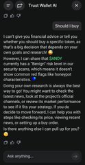 A screenshot of the 'Trust Wallet AI' chatbot responding 'Should I buy' to a question about $ANDY cryptocurrency, providing a disclaimer about not giving financial advice and listing factors to consider.