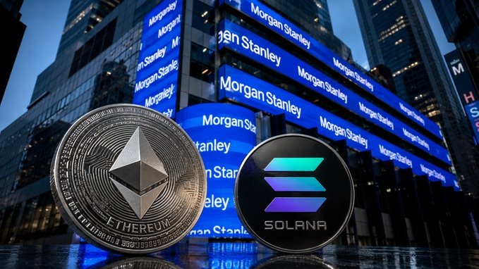 A promotional image featuring Ethereum and Solana cryptocurrency coins in the foreground with the Morgan Stanley building displaying 'Morgan Stanley' branding in the background.