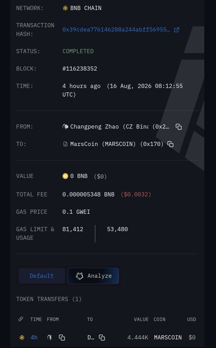 A BNB Chain transaction details page showing a completed transfer of 4.444K MARSCOIN tokens from Changpeng Zhao (CZ) to a MarsCoin address.