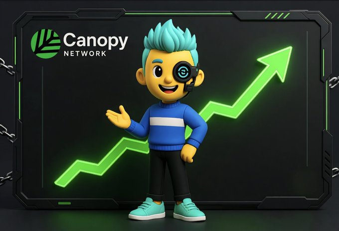 A 3D cartoon character with teal hair, a headset, and a blue striped sweater gesturing toward a green rising arrow chart, with the 'Canopy NETWORK' logo in the top left corner.