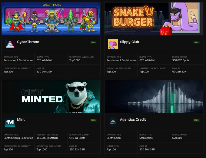 A digital dashboard displaying four NFT/Web3 campaigns: CyberThrone, Slipppy Club, Mint, and Agentics Credit, each showing campaign types, rewards, eligibility requirements, and countdown timers.