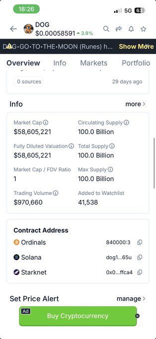 The image shows a cryptocurrency tracking app displaying DOG (🐕) at $0.00058591, up 3.9%, with a market cap of $58,605,221 and 100B circulating supply across Ordinals (Runes), Solana, and Starknet networks. The post appears to be a rallying message encouraging $DOG holders to hold firm against whale sell pressure near major resistance, using the token's stats as context for the ongoing price battle.