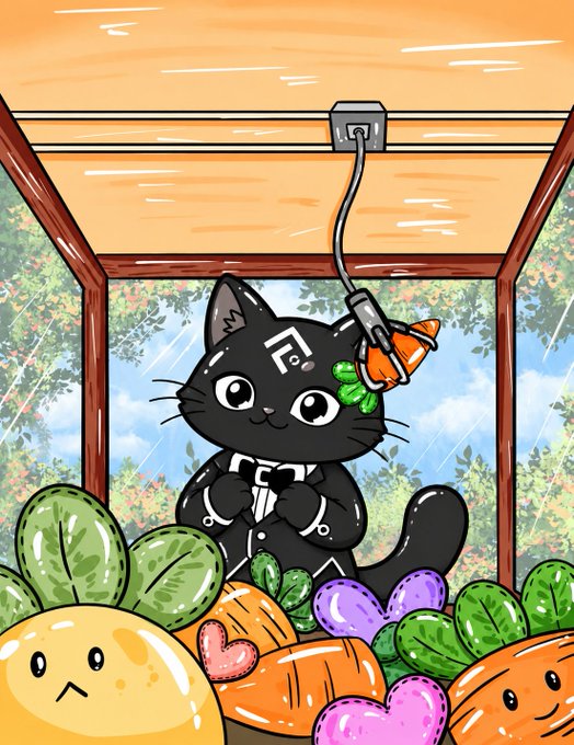 A cartoon illustration of a black cat character wearing a suit, sitting among vegetables and other food items under a roof structure.