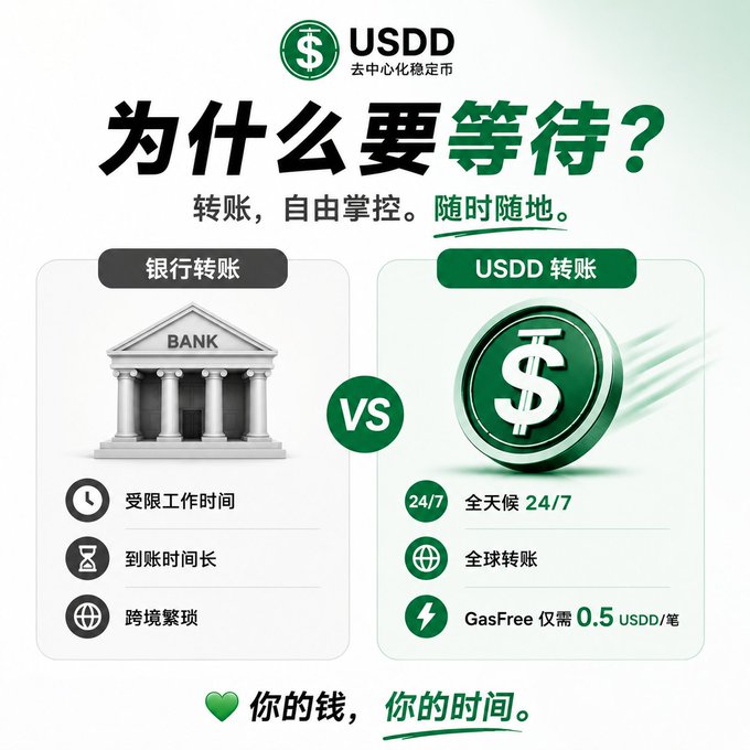 The image is a USDD promotional graphic with the headline "为什么要等待？" (Why wait?) and the tagline "去中心化稳定币" (Decentralized stablecoin) beneath the USDD logo at the top. It compares "银行转账" (Bank Transfer), illustrated with a bank building, against "USDD 转账" (USDD Transfer), illustrated with a green dollar coin. Bank transfers are listed with drawbacks including "受限工作时间" (Limited business hours), "到账时间长" (Long arrival times), and "跨境繁琐" (Cumbersome cross-border), while USDD offers "全天候 24/7" (24/7 availability), "全球转账" (Global transfers), and "GasFree 仅需 0.5 USDD/笔" (Gas-free, only 0.5 USDD per transaction). A "VS" badge separates the two columns, and the bottom slogan reads "你的钱，你的时间" (Your money, your time).