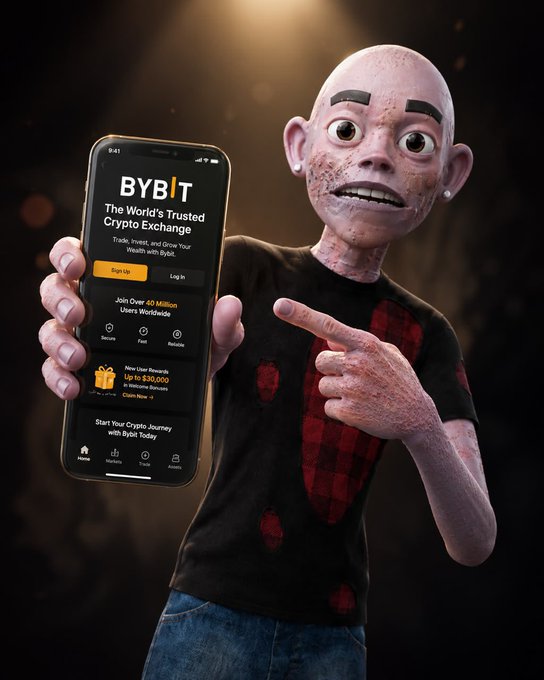 A 3D-rendered bald character with pale skin holds up a smartphone displaying the ByBit cryptocurrency exchange app, which advertises a 'World's Trusted Crypto Exchange' and signs up bonuses.