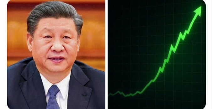 This split image shows Xi Jinping and a green upward trending stock chart, suggesting the image represents Hong Kong's growing digital asset market due to its 0% capital gains tax policy.
