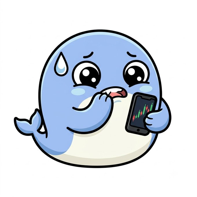 A cartoon illustration of a nervous blue whale biting its nails while looking at a smartphone displaying a stock chart with red and green candlesticks.