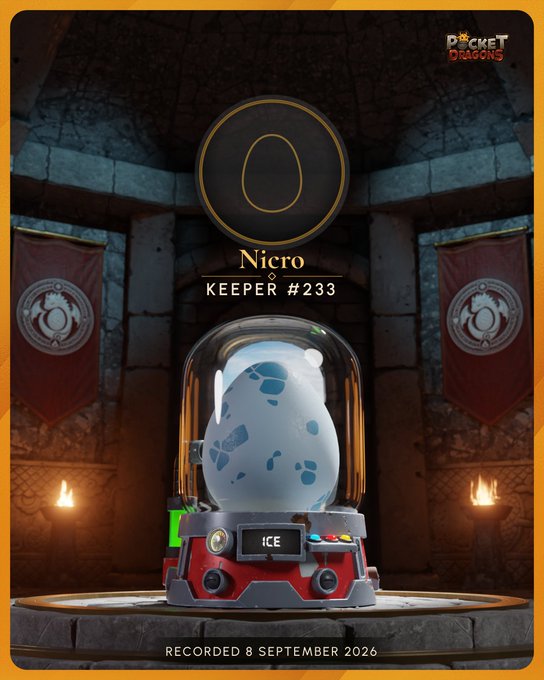 Another Pocket Dragons collectible card showing a white speckled egg labeled 'ICE' in a glass dome, identified as 'Nicro, KEEPER #233, RECORDED 8 SEPTEMBER 2026.'
