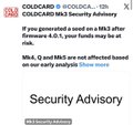 A security advisory notice from 'COGARD #BLOCKBLOCK' stating 'COLDCARD Mk3 Security Advisory' warning that 'If you generated a seed on a Mk3 after firmware 4.0.1, your funds may be at risk.'