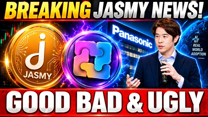The image is a YouTube thumbnail with the headline "BREAKING JASMY NEWS!" at the top and "GOOD BAD & UGLY" at the bottom, featuring the JASMY logo alongside the Python logo, a Panasonic building, and a man speaking into a microphone, all set against an AI IoT/real-world adoption backdrop. It visually previews the video's discussion of JASMY news and analysis, complementing the accompanying post that links to the full YouTube breakdown.