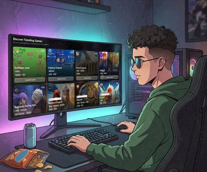 A digital illustration of a person with curly hair and sunglasses sitting at a gaming PC, browsing 'Discover Trending Games' on the monitor with an energy drink nearby.