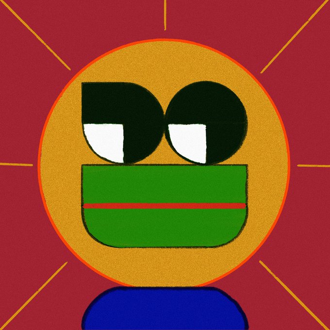 The image features a cartoon-like face with two eyes, one green and one black, giving it a unique appearance. The face is set against a red background that stands out prominently. The caption below the image reads " Lots of great Opepen cooking going on around here. Cheers to all the iteratoooooors." This message seems to be related to the cartoon-like face and its surroundings, possibly indicating an appreciation for the creativity or humor behind it.