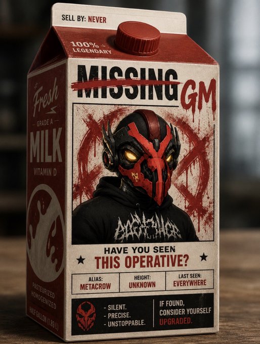 A milk carton-style "MISSING" poster features a figure in a red-and-black helmet with glowing yellow eyes, labeled "MISSING GM" with "HAVE YOU SEEN THIS OPERATIVE?" and details like ALIAS: METACROW, HEIGHT: UNKNOWN, and LAST SEEN: EVERYWHERE, tying into the "GM GM" post by humorously framing "GM" as both a greeting and a sought-after operative.