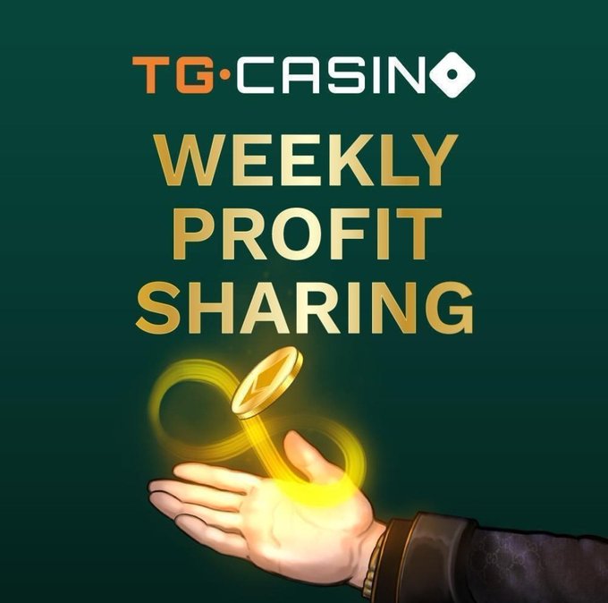 A promotional graphic for 'TG CASINO' featuring the text 'WEEKLY PROFIT SHARING' in gold letters, with an illustration of a hand holding a glowing gold coin against a dark green background.