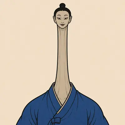 A humorous illustration of a figure in a blue robe with an extremely elongated neck and small head, with a topknot.