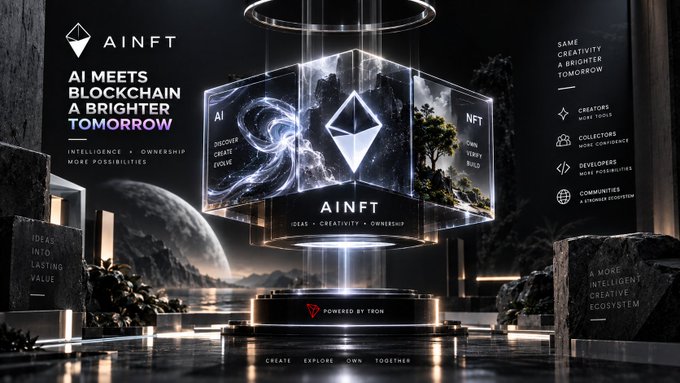 A futuristic promotional banner for 'AINFT' features the tagline 'AI MEETS BLOCKCHAIN A BRIGHTER TOMORROW' with a holographic cube displaying scenes of a galaxy, NFT tree, and world map, powered by Tron.