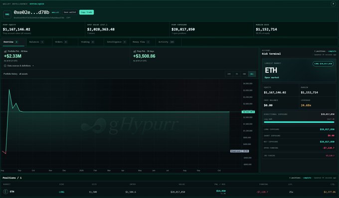 A screenshot of the 'gHypurr' crypto trading platform dashboard showing portfolio history and an open ETH risk terminal position with a balance of $1,167,146.02.