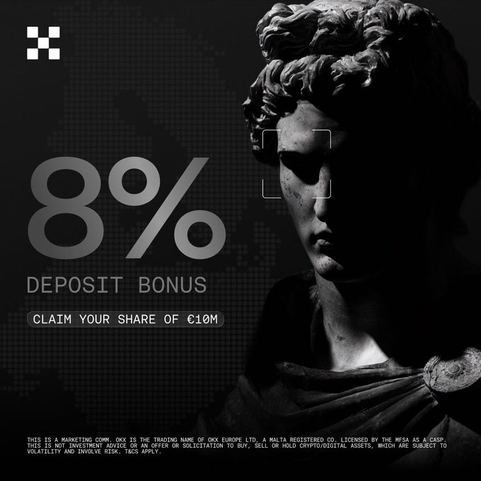 A dark promotional image features a classical Greek-style statue against a black background, with bold text announcing an "8% DEPOSIT BONUS" and "CLAIM YOUR SHARE OF €10M." The OKX logo appears in the top left, and the image ties to the post by advertising OKX's MiCA-licensed deposit bonus offer for crypto users in the EU ahead of regulatory deadlines.