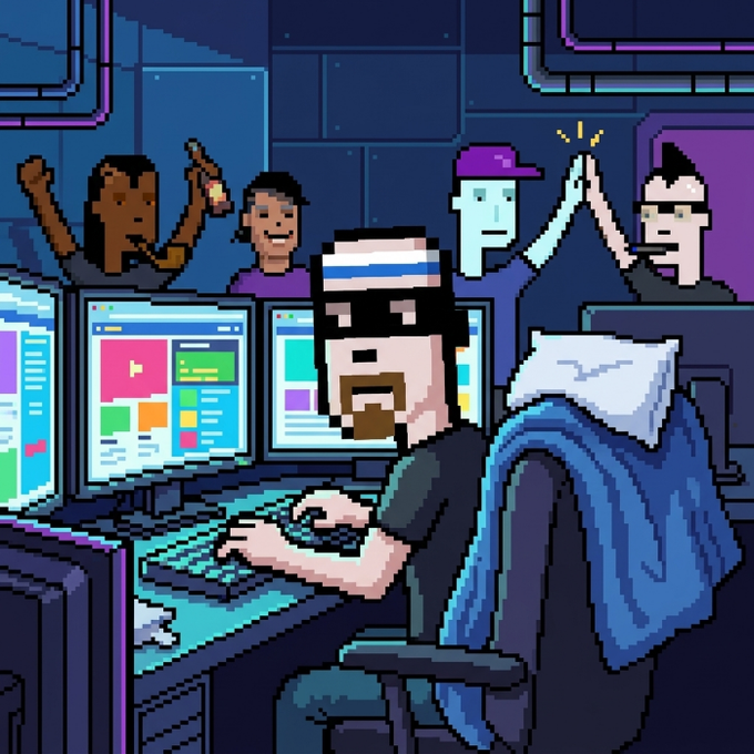 A pixel art scene of a "hacker" with a headband typing at a multi-monitor setup while teammates cheer and high-five behind him, symbolizing the developer resolving the whitelist issue and bringing the project back online.