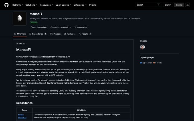 A GitHub repository page for 'MansaFi', described as a 'Privacy-first neobank for humans and AI agents on Robinhood Chain, Confidential by default, Non-custodial, x402 + MPP native.'