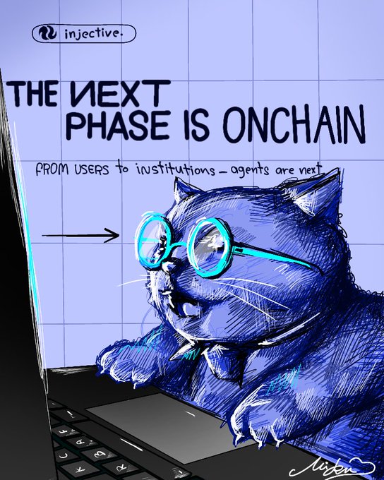 A promotional graphic for Injective blockchain with the tagline "THE NEXT PHASE IS ONCHAIN — FROM USERS TO INSTITUTIONS — AGENTS ARE NEXT," featuring an illustrated blue cat wearing glowing teal glasses working at a laptop.
