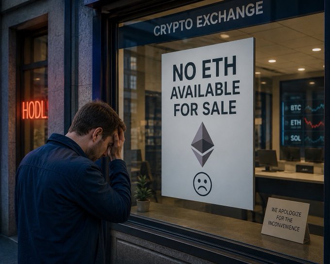 A distressed man stands outside a 'CRYPTO EXCHANGE' with a large sign reading 'NO ETH AVAILABLE FOR SALE' featuring the Ethereum logo and a sad face emoji, with a smaller note stating 'WE APOLOGIZE FOR THE INCONVENIENCE'.