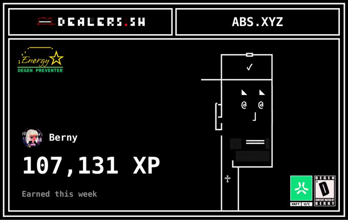A dashboard from DEALERS.SX / ABS.XYZ displaying user 'Berny' with 107,131 XP earned this week, featuring Energy 'Degen Preventer' branding and a pixelated character avatar.