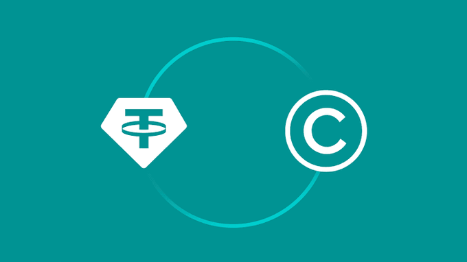 A teal graphic featuring the Tether (USDT) logo on the left and a copyright symbol (C) on the right, connected by a circular line.