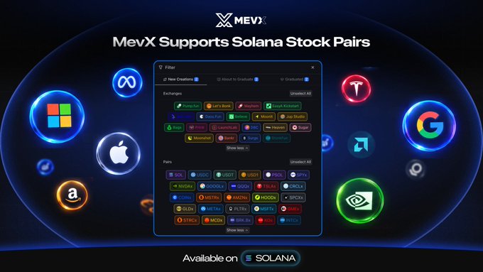 Promotional graphic for MevX announcing Solana Stock Pairs support, featuring logos of major companies like Microsoft, Google, Apple, Meta, Amazon, Nvidia, and Tesla alongside a stock trading interface.