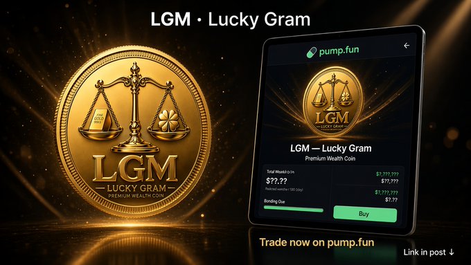 An advertisement for 'LGM · Lucky Gram' token, showing a gold coin with scales and the text 'PREMIUM WEALTH COIN'. The interface displays a token price of $77.77 and instructs to 'Trade now on pump.fun'.