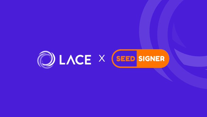 The image shows a collaboration between LACE and SEED SIGNER, indicating expanded hardware wallet support for protecting digital assets.