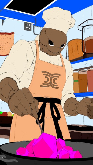An animated cartoon illustration of a chef wearing a white hat and orange apron, stirring a pan of glowing pink/purple crystals in a kitchen setting.