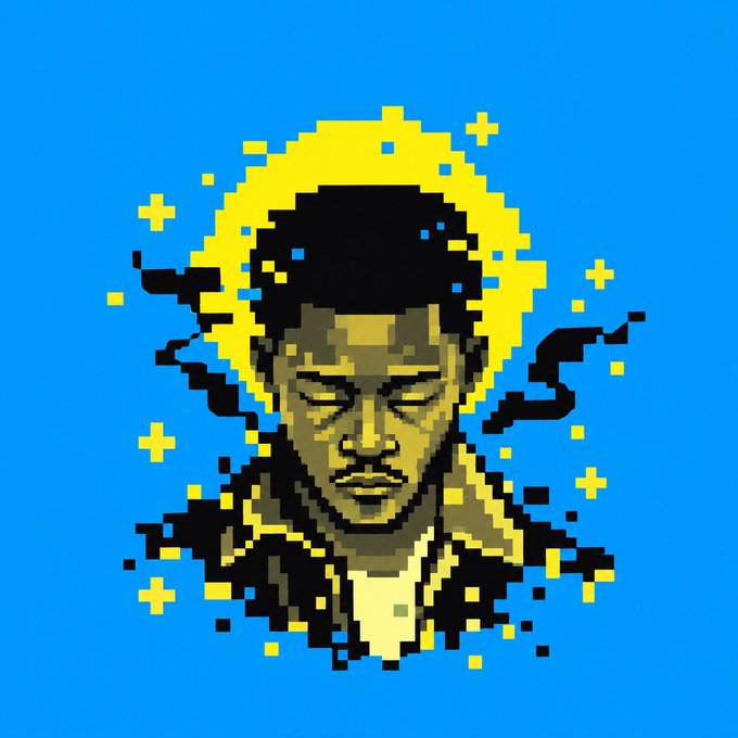 Pixel art illustration of a man with closed eyes wearing a yellow head covering against a bright blue background, rendered in black, yellow, and tan tones with a glitchy, fragmented aesthetic.