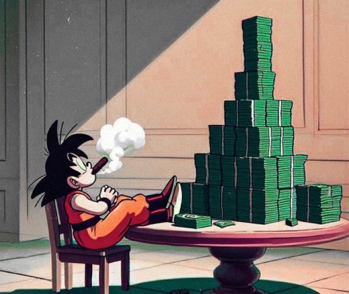 Goku is depicted relaxing and smoking a cigar next to a large stack of money, symbolizing the poster's aspiration for financial success through Bitcoin and crypto in 12 months.
