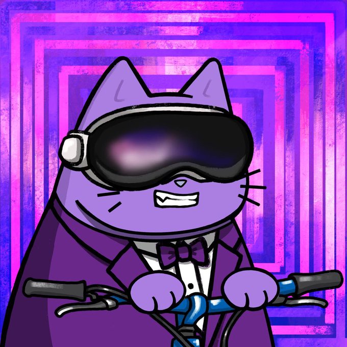 A cartoon purple cat wearing a VR headset and tuxedo rides a bicycle against a psychedelic pink and purple maze background.