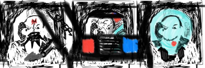 A sketchy, black-and-white triptych drawing depicts three cartoonish figures, including one in a bubble-like enclosure on the right.
