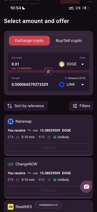 A crypto exchange app screenshot on SwapSpace.co showing a swap of 0.01 DOGE to Ethereum (ETH) via LINK, listing Nanswap and ChangeNOW as providers.