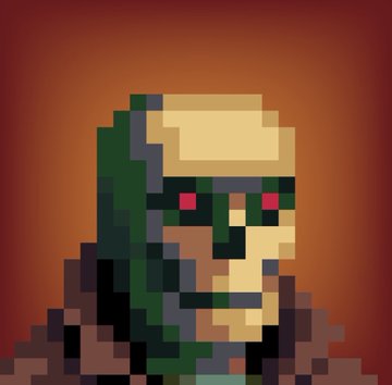 A pixel art portrait of the character Reptile from Mortal Kombat, featuring his green hood and glowing red eyes.