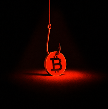A Bitcoin coin hangs from a hook under a dramatic red spotlight against a dark background, symbolizing a "honey trap" or scam bait. The ominous red glow and dangling hook perfectly capture the post's shocked reaction of "omg" at a deceptive cryptocurrency scheme.