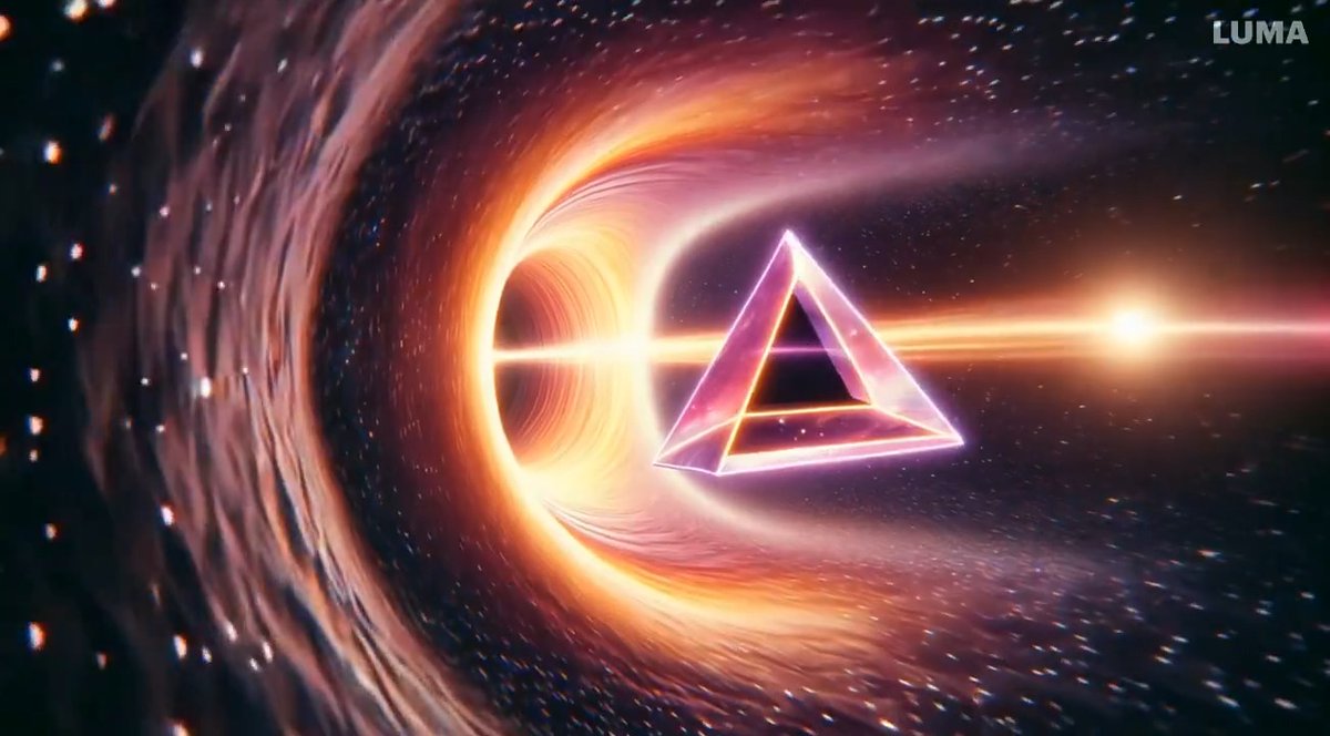 A space-themed digital artwork featuring a glowing triangular prism shape within a swirling orange and black cosmic vortex or wormhole, with 'LUMA' written in the corner.