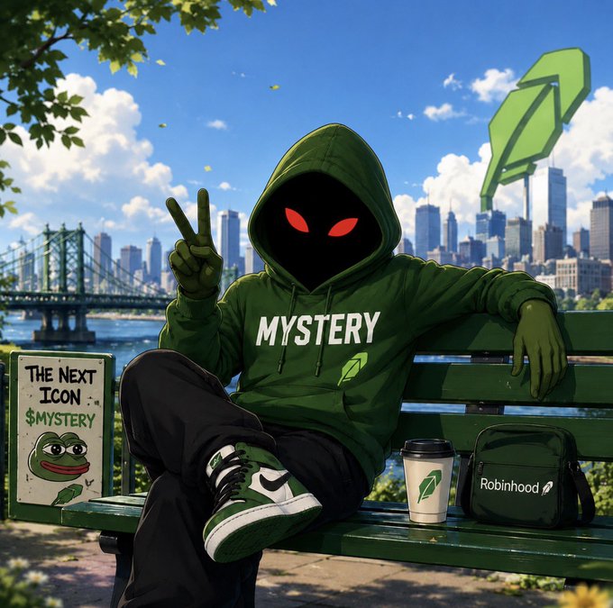 A green-hooded mystery character with red glowing eyes strikes a peace sign while sitting on a park bench displaying a Pepe-style "$MYSTERY" sign, a coffee cup, and a "Robinhood" cooler bag, with a futuristic city skyline and large leaf sculpture in the background—visualizing the post's suggestion that $MYSTERY be the next Matt Furie-inspired icon to launch on the Robinhood "green chain."